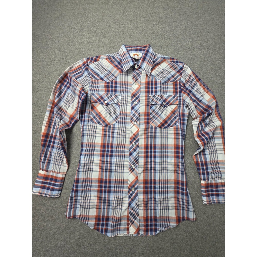 Saturdays Vintage Western Pearl Snap Shirt Mens Small Orange Blue Plaid Yoke